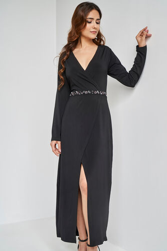 Black Long Length Flared Fit And Flare Gown, Black, image 3